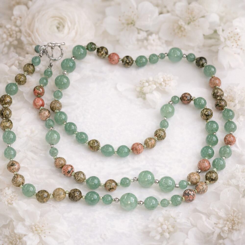 Sterling Silver India Stamped Jade Beaded Necklace Green Orange 33 In